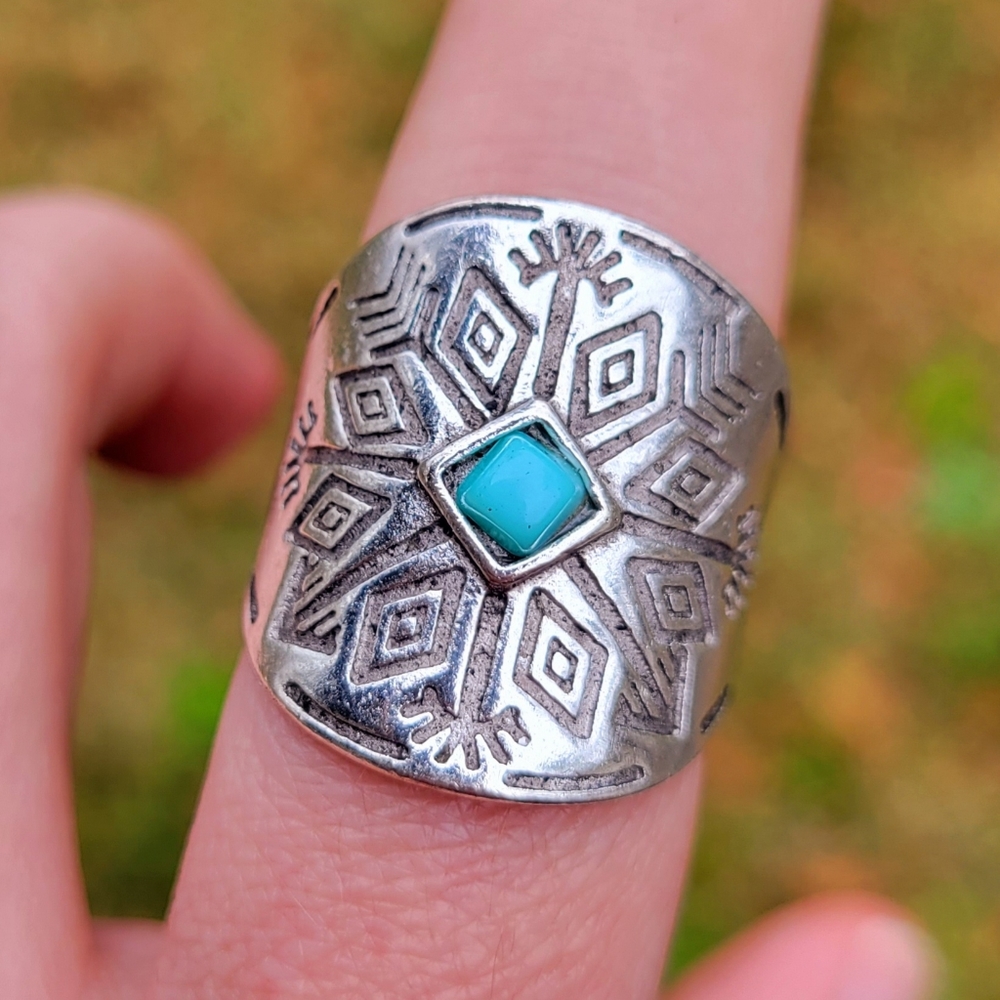 Boho Turquoise Blue Arrows Silver Ring Size 8